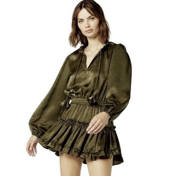NWT MISA Los Angeles Lorena Ruffle Satin Mini Dress Olive Green Size XS - Picture 1 of 11